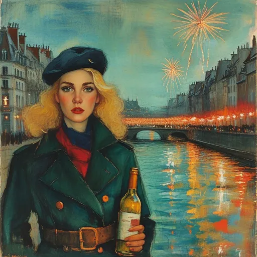 Prompt: (Abstract impressionistic colored ink drawing ), vibrant color scheme, (1941  Paris), shadowy streets at night with German tank in distance , soldiers in background, tattered French flag, portrait of a wavy blonde green eyed woman in fashionable boots drunkenly walking along the Seine river with a bottle of wine  (highly detailed facial features) search lights streaking through a tumultuous sky, vivid explosions lighting the dark atmosphere, bombed and ruined structures surrounding the scene, (dramatic), chaotic ambiance, high contrast between shadow and colorful explosions, (ultra-detailed), evocative imagery, sense of urgency and dread.