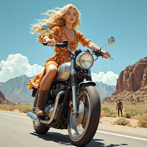 Prompt: Unusual closeup Angle. A confident young blonde woman rides a motorcycle down a sunlit road, her long, flowing hair billowing behind her as she gazes ahead with determination. Dressed in a vibrant orange floral dress that contrasts strikingly against the rugged desert landscape, she comfortably balances on the machine, her rugged ankle boots resting on the footrests. The scene is set under a clear blue sky, with soft clouds drifting by, while distant mountains loom majestically in the background. Alongside the road, a figure stands, observing the rider, adding a touch of intrigue to the narrative. The artwork evokes a sense of freedom and adventure, blending femininity and strength against a picturesque backdrop.