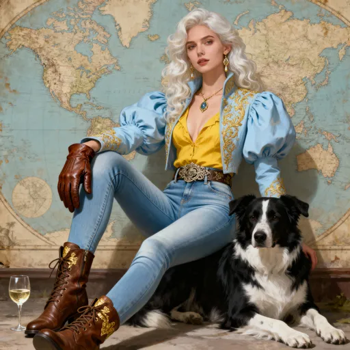 Prompt: This digital artwork depicts a striking, stylized female figure with a commanding presence, seated against a backdrop of an antique, weathered world map. She has wavy, platinum blonde hair and fair skin, with a confident, almost regal expression. Her outfit is a blend of historical and fantasy elements: a light blue, puffed-sleeve jacket with intricate, golden embroidery, worn over a low-cut, yellow blouse that reveals a modest cleavage. She also wears high-waisted, tight light blue jeans that are cinched at the waist with a detailed, ornate belt, and brown, lace-up boots with gold accents.

Her left leg is bent at the knee, resting on a large, black and white, docile dog  that lies calmly at her feet, while her right leg is extended forward, giving a sense of balance and strength. She holds a brown leather glove in her right hand, which rests on her knee. A glass of white wine is placed on the ground to her left. AShe wears dangling earrings and a necklace with a prominent pendant. The overall color palette is muted with soft blues, yellows, and browns, giving the image a vintage, almost ethereal feel. The texture of the artwork is smooth, with fine details that highlight the fabric and leather elements. 
