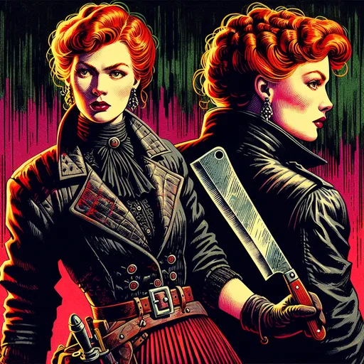 Prompt: Surreal Pulp style illustration of a rugged redhead hair female courtesan , distressed tight skirt, tattered clothing, cleaver style blade , high collar fully buttoned leather jacket, black  and red  tones, colored inks, gouache, watercolor, colored pencils, strong colors, professional, detailed eyes, atmospheric lighting