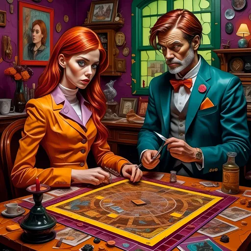 Prompt: <mymodel>(cartoony woman looks like Miss Scarlett with a knife in the drawing room, attacking Professor Plum (who holds a wrench and Colonel Mustard who holds a candlestick) surreal board game based on "Clue", vibrant color tones, dramatic lighting, intense and chaotic atmosphere, detailed character expressions,  intricate game board background, whimsical and trippy elements, high level of detail, 4K, ultra-detailed, 2D illustration, trending on artstation