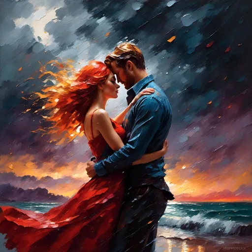Prompt: <mymodel>Vibrant digital painting of a romantic couple in a storm, red hair blowing in the wind, dramatic lighting, highres, emotional, detailed raindrops, passionate, atmospheric, love, red hair, stormy weather, dramatic lighting, digital painting