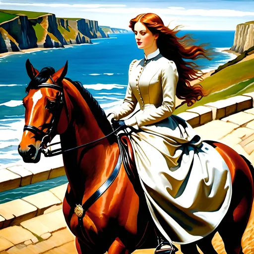 Prompt: Victorian beauty riding a horse along the Dover cliffs, oil painting, style of burne jones , detailed facial features, riding apparel , Dover Cliffs, wide angle, high perspective,
, high quality, realistic, oil painting, burne jones style, Victorian era, detailed facial features, elegant gown, horseback riding, 
, classic, atmospheric lighting