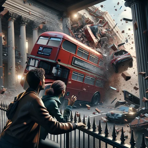 Prompt: Third person view of British man and woman in their 30s, holding tightly to the railings of a London double decker bus crashing into the British Museum, realistic 3D rendering, chaotic scene, dramatic lighting, high quality, detailed crash, British, urban, intense moment, museum impact, double decker bus, tense atmosphere, professional, impactful lighting, detailed textures, urban setting, intense emotions, chaotic crash