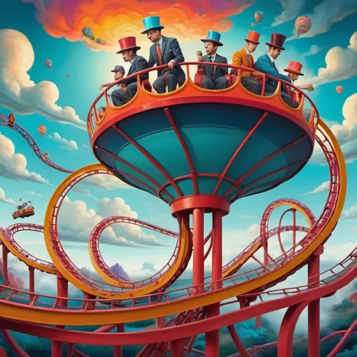 Prompt: (surrealism style), vibrant color scheme, (whimsical roller coaster), exaggerated loops and twists, men wearing funny hats, bright and bold colors, playful atmosphere, dreamy landscape, distorted proportions, high depth cinematic masterpiece, ultra-detailed, imaginative and enchanting vibe, surreal clouds in the background, fantastical elements intertwined with reality.