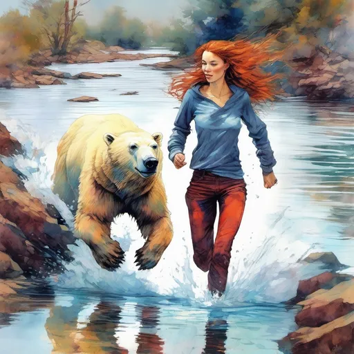 Prompt: watercolor painting of a woman (in profile) running being chased by a polar bear, (full body shot), (dynamic movement), woman splashing in a vibrant icy lake, (vibrant color scheme), stunning portrayal, beautiful slender figure, Scottish pale redhead, dressed in ragged tight jeans and a  cropped top tight for. Fitting cropped reddish sweatshirt, encapsulating joy and freedom, flowing water, sunlit ambiance, ultra-detailed, evoking a sense of adventure and vitality, reminiscent of Steve Hanks' style.