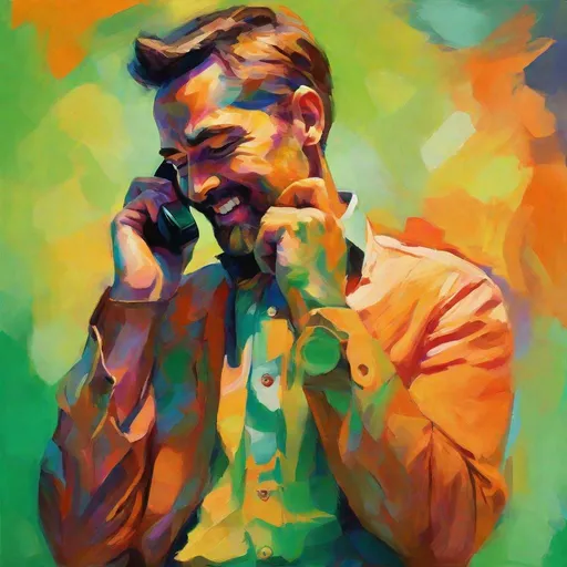 Prompt: Portrait man with telephone, fauvism, bright colors, expressive brushstrokes, soft orange green gradient, highres, vibrant, fauvist, expressive brushstrokes, intense colors, unique style, dynamic composition, professional lighting