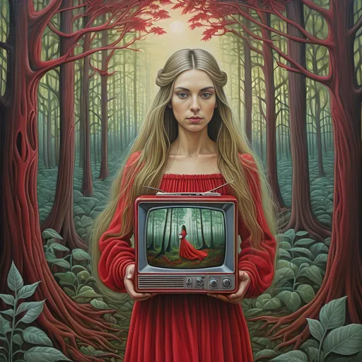 Prompt: a painting of a woman with long hair and a red dress holding a vintage portable tv in a forest with trees and other people, Amanda Sage, fantasy art, intricate oil painting, a fine art painting