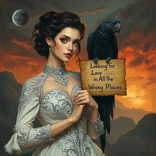 Prompt: a woman in a white embroidered, silver ornamented dress holding WITH A highly detailed black parrot on her shoulder with a sign that says [Looking For Love In All The Wrong Places]  on it, with a fiery sky behind her, Cyril Rolando, neo-romanticism, dark gothic fantasy art, a storybook illustration