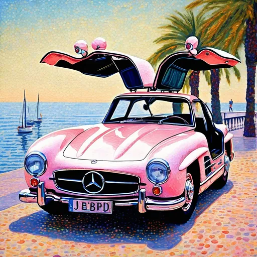 Prompt: A portrait painting of a vintage Mercedes gullwing car with doors open, on the promenade at Nice, France, in the pointillism style of Claude Monet, with soft pastel colors.