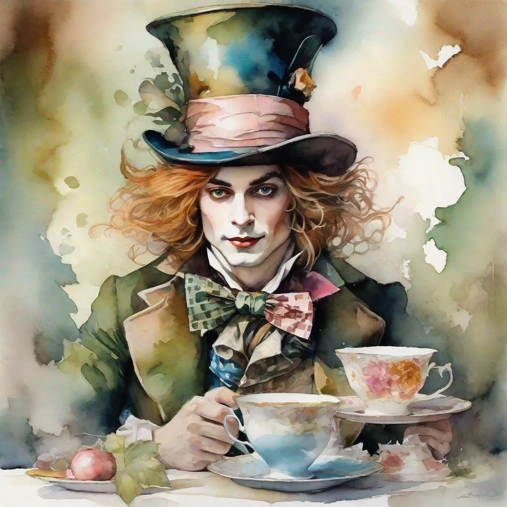 Prompt: Surreal, watercolor, Harrison Fisher style illustration of the Mad Hatter at Lewis Carroll’s Mad Tea Party, animated expressions, delicate features, flowing pastel tones, dreamlike atmosphere, ethereal, mixed media, highres, detailed, professional
