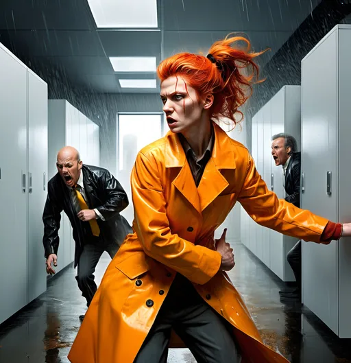 Prompt: (Surrealism style), FIGHT SCENE ATTACK dark color scheme, intense dynamic scene trapped inside a quartet of white office cubicles, windows show distant skyscraper, (an angry young man in orange
leather hoists a laptop over his head) and a (determined older man in yellow rain coat fights with a coatrack), ( frightened pretty wavy red ponytail hair woman in a very short slim flared floral miniskirt suit throws a vase, her body pressed against a cubicle wall, a janitor in white coat hurls a wastebasket dramatic tension, moody ambiance, high contrast shadows, textured brush strokes, detailed expressions of anger and determination, a suffocating cubicle atmosphere, ultra-detailed, HD. Surrealism style image, colored inks, gouache, triadic color yellow, green, orange. 