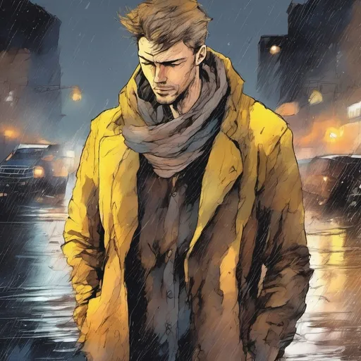 Prompt: Mixed media, brown and yellow tones, watercolor and colored pencils. Unkempt yellow-brown haired man, 30s, standing in a rushing rain-flooded street at night, intense sadness, tearful emotions, high quality, dark and gritty, realistic style, moody lighting, high contrast, water setting, detailed facial expression, dramatic pose, distressed short brown coat and brown corduroy pants, scarf, city lights casting a somber glow, intense emotions, realistic, urban, detailed facial expression, highres, moody lighting, dramatic pose