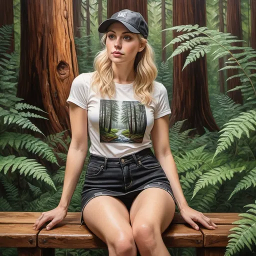 Prompt: Create a surrealist monochrome artistic oil portrait of a 30 year old naturally textured skin blonde woman with a side ponytail in skin tight black denim short skirt seated  on a wooden bench in a fern forest with huge Redwood trees behind and beside her. She wears a crossbody leather purse and a baseball cap, impasto style and encaustic technique. Surrounded by ferns and redwoods
Entire portrait is characterized by flowing paint, which depicts paint flowing down the canvas. Artistic work. Lots of details. Very high quality.