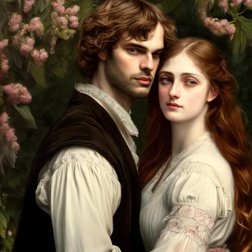 Prompt: Handsome brother and sister portrait in the style of Dante Gabriel Rossetti , oil painting, Victorian attire, soft and warm lighting, detailed facial features, intricate floral background, high quality, detailed brushwork, classic art style, romantic, detailed clothing, warm tones, atmospheric lighting