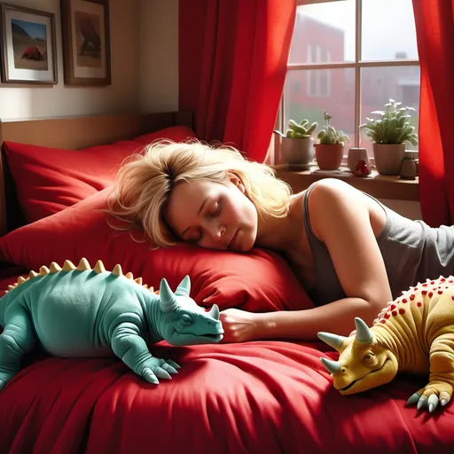 Prompt: photorealistic, (vibrant colors), a fully grown 35 year old woman with messy blonde hair serenely sleeping woman, cozy under fluffy red covers, vibrant red sheets and pillow, cuddled with a (very small colorful plush triceratops) and (very small plush stegosaurus) atop her, soft morning light filtering through a nearby window, creating a peaceful and comforting ambiance, ultra-detailed, inviting atmosphere, restful, warm hues, expertly composed scene.