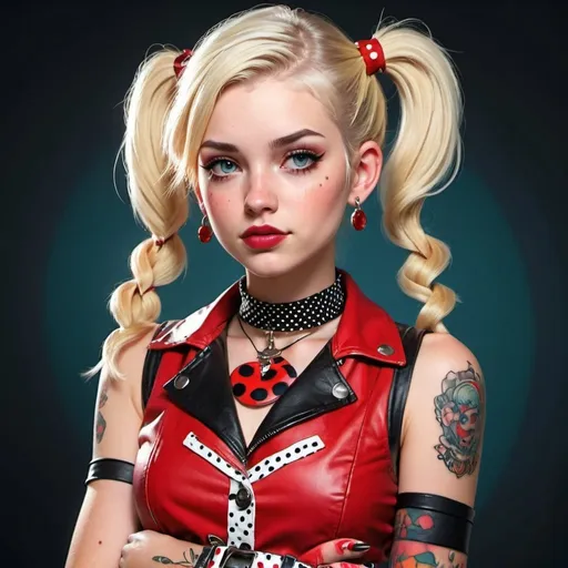 Prompt: Blonde woman with pigtails, character design, red leather vest, polka dot skirt, silver belt, black choker with ruby pendant, tattoos, detailed facial features, high quality, character design, retro fashion style, vibrant colors, natural lighting