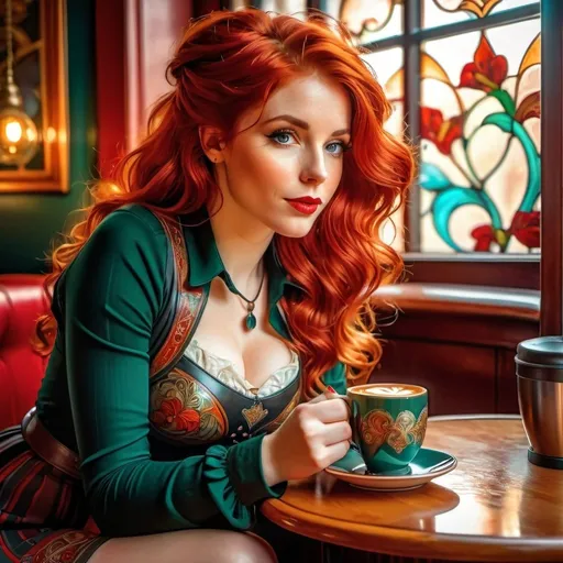 Prompt: Beautiful Irish woman with red hair, drinking coffee, miniskirt, boots, Dublin, detailed facial features, vibrant red hair, realistic colored ink painting, 4k resolution, Dublin, cozy, realistic, detailed eyes, miniskirt, boots, vibrant red hair, professional, atmospheric lighting
