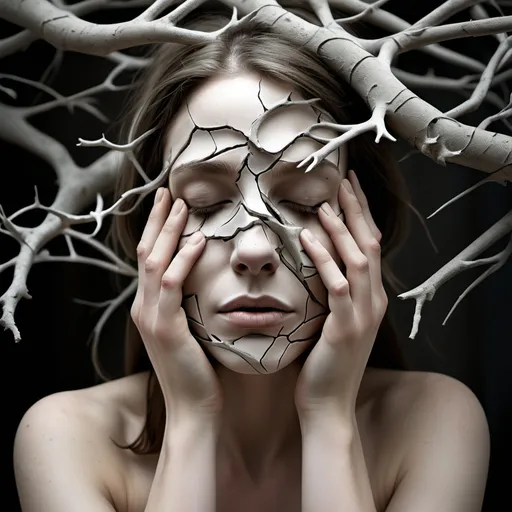 Prompt: a woman with her face covered in cracked branches, with her hands on her face, and her eyes closed, Dirk Crabeth, concrete art, surreal photography, a marble sculpture