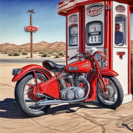 Prompt: Colored pencils and ink portrait of a 1940s racing motorcycle painted red, parked outside a 1940s gas station pump in the California desert, clear sunny day, high-quality, detailed, vintage style, vibrant colors, desert landscape, retro, 1940s, motorcycle, gas station, sunny day, colored pencils and ink, detailed shading, vintage aesthetic, clear blue sky, traditional art, realistic, scenic desert view, sunny atmosphere, professional artwork