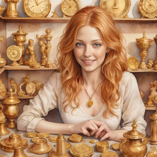 Prompt: Dreamy watercolor illustration. Close-up portrait. A happy 35 year old messy reddish blonde-haired woman sorts gold antique figurative statues, gold clockwork timepieces and gizmos, gold coins. Macro shot. Whimsical beachcomber style. Soft brushstrokes on reddish-blonde messy hair. Warm light dancing on table covered in gold items. Background with shelves full of gold pottery and statues. Golden hues on wooden floor. Soft, warm golden light. Best quality, highly detailed, vibrant, ethereal, serene, coastal, beachy, whimsical, dreamy, watercolor texture, impressionist.