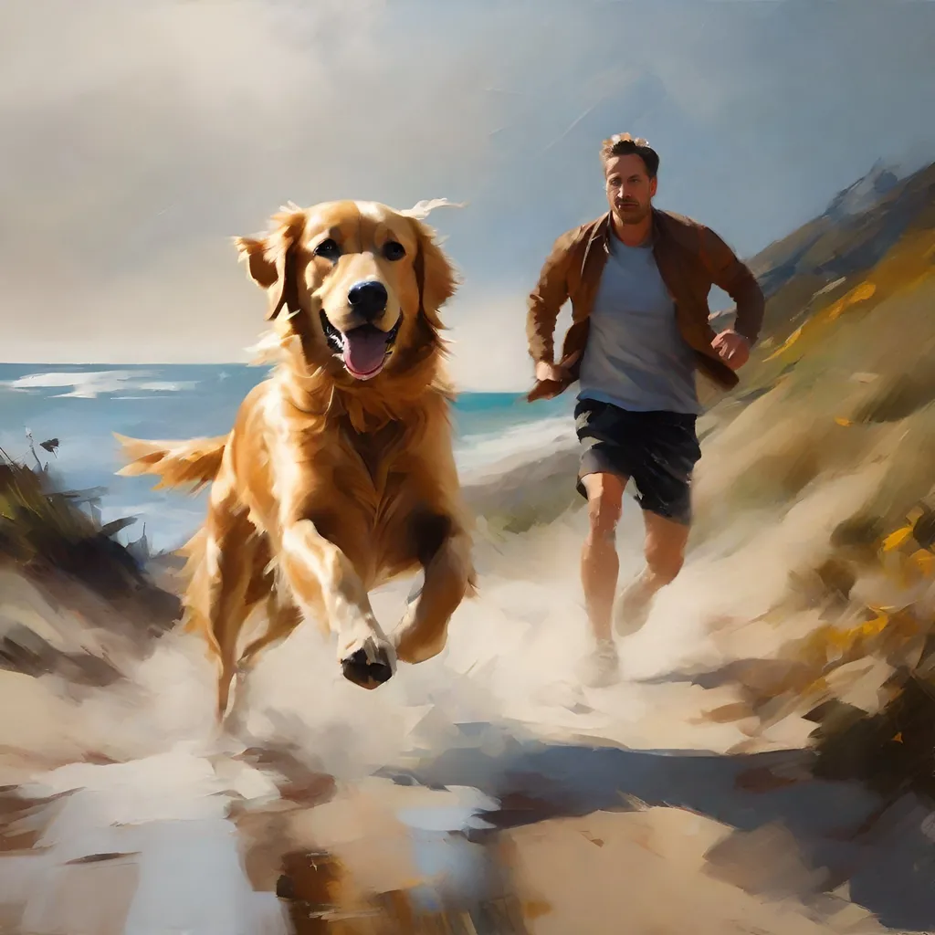 Prompt: oil paint, Visible strokes, rough edges, muted colors.Warm lighting neutral UHD facial features, extreme action pose, a man with retriever, running up a steep beach path