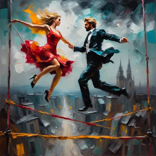 Prompt: <mymodel>Attractive man and woman balancing on a tightrope, dramatic tension, realistic oil painting, windy atmosphere, high quality, realistic, intense drama, vibrant colors, balanced lighting, detailed facial expressions, precarious balance, windy atmosphere, oil painting, dramatic tension, intense emotions