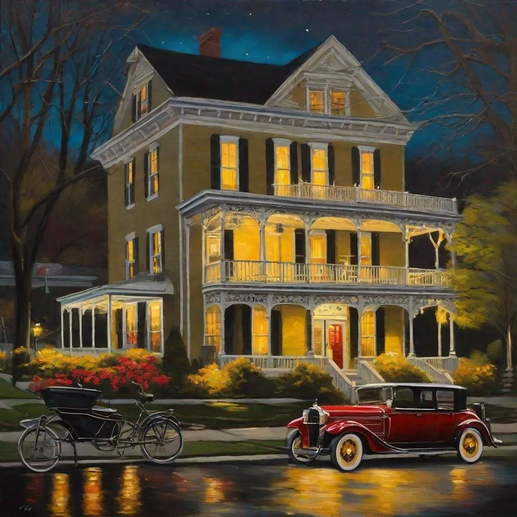 Prompt: Historic Yellow Springs, Ohio at night, river runs through it. bicycles, old cars, daffodils, 19th century gray-colored residence with red trim, wraparound porches, rocking chairs on porches, fireflies, warm streetlights, vintage ambience, highly detailed, realistic, oil painting, warm tones, midwestern architecture, cobblestone streets, serene atmosphere, dreamy, nostalgic, vintage charm, detailed windows, historic district, peaceful, atmospheric lighting