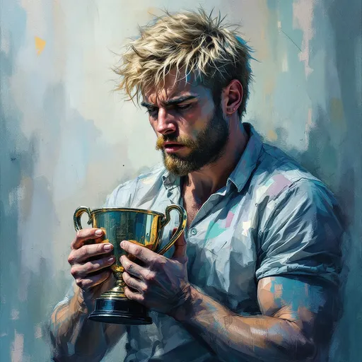 Prompt: "Abstract art depicting the sadness of a rugged blonde man with a trophy, expressive brushstrokes, muted colors with soft pastels and gray undertones, embracing an ethereal vibe, chaotic yet harmonious blended portrait, incorporating elements of transparent glass mosaics, secretly intertwining emotions in a mesmerizing explosion of color and form, high depth cinematic masterpiece, ultra-detailed."