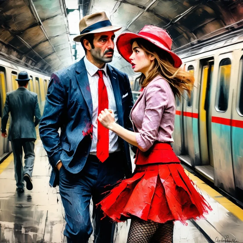 Prompt: intense emotions, impressionism, visible strokes, thick impasto, rough edges, muted colors, pastel tones, French metro, man in suit, woman in short red skirt and hat, fishnet tights, intense emotions, rough brushwork, urban setting, textured surface, professional, highres, pastel colors, emotional, expressive, impressionist style, textured brushwork, thick paint application, detailed faces