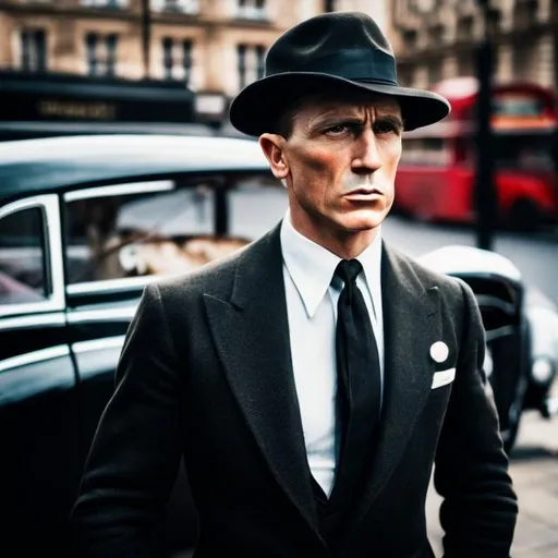 Prompt: man, 30s, James Bond, formal outfit, hat, with jeans leans against 1950s black number super snipe,British saloon car.  London. Highly detailed face, hair, lips. Ultra high definition, 