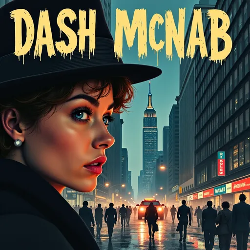 Prompt: A captivating dystopian noir pulp style movie poster with lettering titled ["Dash McNab"] The poster presents a closeup prominently featuring the face of  [actress Rose Leslie] in a [dystopian future, with ruined New York street and Empire State Building around them].