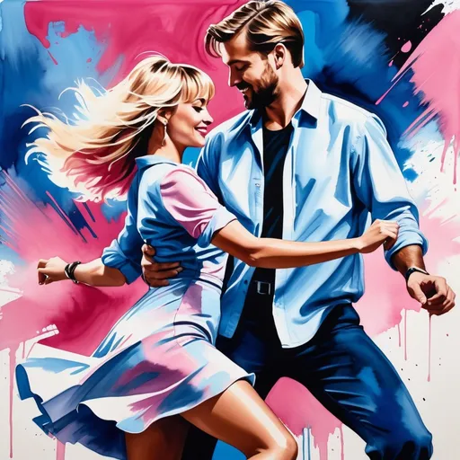 Prompt: Dynamic blue and pink ink medium close-up painting of a 2020s Caucasian couple in casual dress attire, woman has short blond hair with bangs, man long hair, romantic swing dancing together at a club, UHD facial features, dramatic ink painting, 30s, dynamic action pose, ink painting, romantic, short dress, swing dancing, dynamic movement, dramatic ink style, high energy, fast-paced, energetic, high-contrast spot lighting