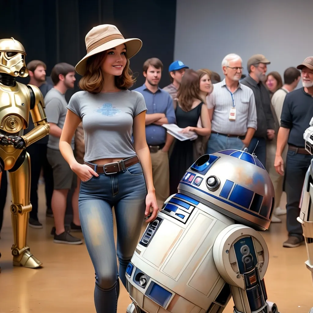 Prompt: a woman in tight jeans and hat standing next to Star Wars robot R2D2 in a comic fan gathering with people around it and a star wars costume on, Drew Struzan, process art, star wars, a hologram, Steve hanks style watercolor 