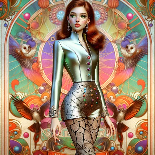 Prompt: <mymodel> (Slender small waist woman with green eyes and long red hair wearing a black headband), (21 years old), dressed in a very short satin silver miniskirt suit covered in colorful buttons, black cobweb tights, standing against a vibrant circus poster backdrop, (figurative art), highly detailed digital painting, (art deco style), a blend of whimsy and elegance, enchanting ambiance, captivating colors, trending artwork, 4K quality.