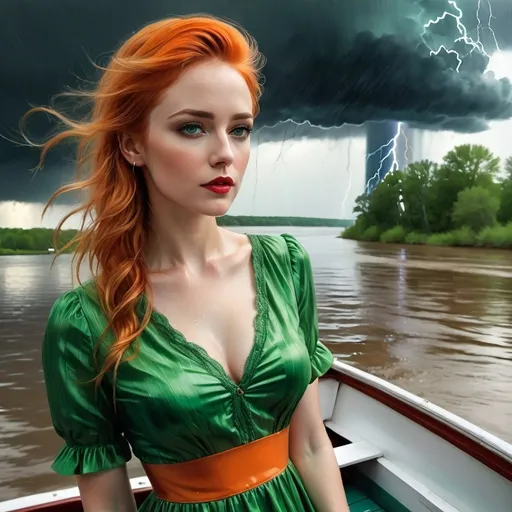 Prompt: Colored pencils, mixed media, gouache, watercolor, ink. Pastel tones. Raining, storm, dark clouds, lightning. Full body shot, legs. Looks like melded natural textured face of Evan Rachel wood and actress mardot robbie shot in side profile. Mississippi Aged rundown riverboat paddleoat in background. Windy wild river. Slender small-waist long legs, intense emotions woman, pale orange hair,  two bright green eyes, three quarter profile, watching thunder  clouds in the sky, mature 30 years old, tight very short red striped babydoll dress, soaking wet,  natural textured skin, long necklace , stormy  day, water setting, paddle boat , detailed worried face, high-quality, detailed, realistic, , atmospheric lighting, overturned boat in background, babydoll , tights, leggy