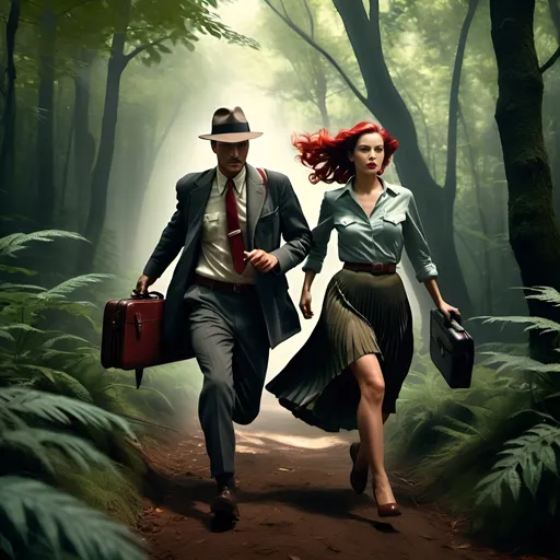 Prompt: photorealistic, (photo-film noir style), (surrealism), (two figures) dark color scheme, mysterious ambiance, dynamic scene, determined male character (vintage explorer outfit) energetically running after mysterious pretty red braid woman (with gun and briefcase) (wearing flowing short pleated skirt). lush forest trees, blurred motion effect, mysterious, machete, briefcase , through dense foliage, dramatic light and shadows, highly detailed, captivating composition.