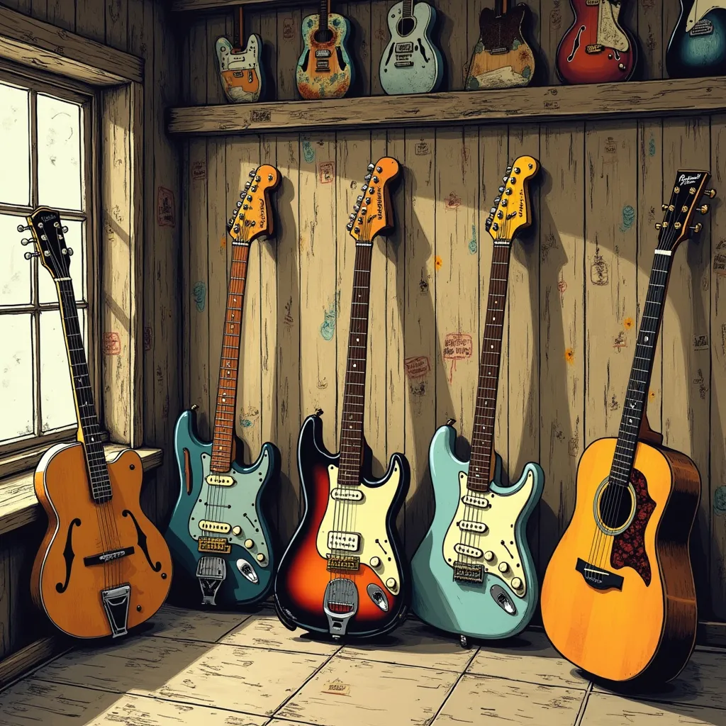 Prompt: Junji Ito manga style, inside a guitar store there are several highly detailed guitars displayed on a vintage wall (old wood, decals). There’s a 1959 Gibson 335 vintage guitar, a 1965 fender Stratocaster, a 1959 Leslie Paul, and a vintage Gibson acoustic guitar, Manga scene.