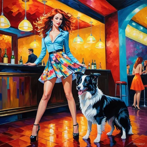 Prompt: Impressive impasto oil painting of a slender redhead in a summer dress and heels, flirting at a vibrant nightclub, with a border collie, downward perspective, thick texture, vibrant colors, detailed features, high quality, impasto, nightlife, slender figure, redhead, very short thigh-high hem skater skirt and high collar long sleeve top with choker , flirtatious vibe, nightclub, high heels, border collie, vibrant colors, thick texture, detailed features