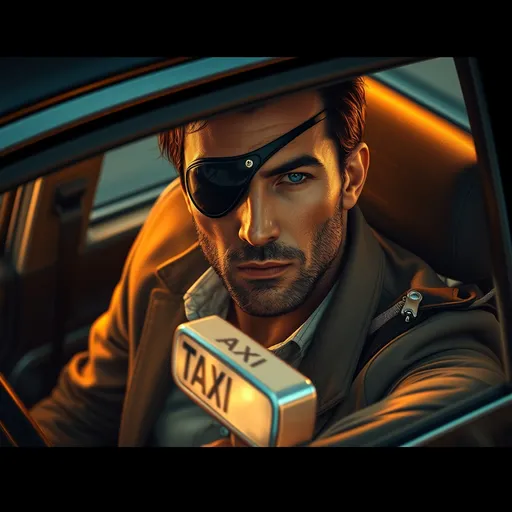 Prompt: (fantasy style image), aerial angle, warm color scheme, (aerial view), man with eyepatch getting into a taxi, beautifully intricate details, realistic portrayal, inspired by Artgerm and James Jean, enigmatic  expression, beautifully rendered fantasy portrait, (Joyce Ballantyne style), engaging ambiance, high detail, ultra-detailed, cinematic lighting, soft atmospheric glow.