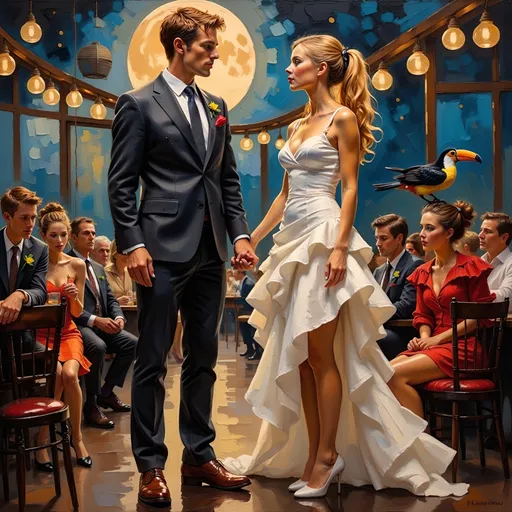 Prompt: (thick impasto oil painting), two people, (full length, full body), a shy man in a wedding suit, nervously gazing to his side at a flirtatious woman in a (very short bride dress), carrying a toucan instead of a bouquet , set in a (romantic nighttime wedding) ambiance, soft moonlight and twinkling stars illuminating the scene, elegantly draped chairs filled with guests, warm tones contrasting with the cool night, ambiance filled with excitement and anticipation, ultra-detailed.