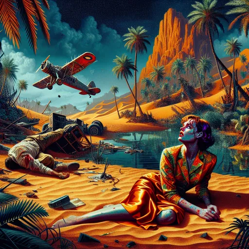 Prompt: Style of Milo manara. Desert oasis, palm trees, small pond. In foreground pilot in Hawaiin shirt looks dead. Profile angle shows a distressed injured fearful (Caucasian reddish purple blonde bangs woman) close-up, wearing colorful tattered modern burnt orange satin miniskirt suit-dress, sprawled in front of a crashed plane in the background, vibrant colors, desert oasis tones, dramatic lighting, high detail, depth, realistic palm trees other desert flora ars textured, atmospheric, tense mood, ultra-detailed, 4K quality.