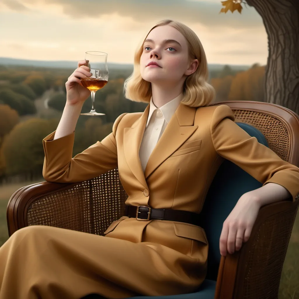 Prompt: (woman hybrid of blue-eyed Elle Fanning and Evan Rachel Wood), sitting on a chair, holding a bottle of whiskey, looking up at the sky, (Evelyn Abelson), inspired by American Barbizon School, (fashion photography), photorealistic painting, elegant attire, warm golden hues, (ultra-detailed), serene atmosphere, soft background with blurred nature elements, focusing on the play of light and shadows.