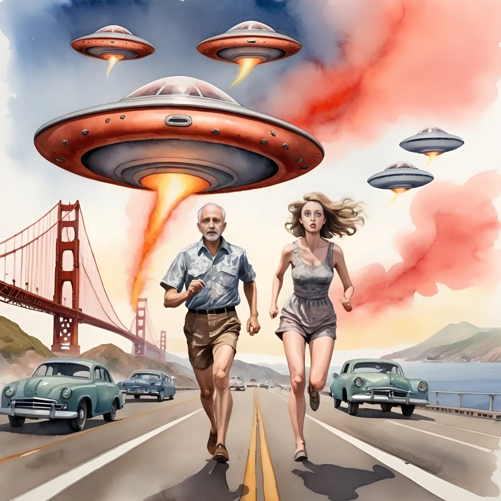 Prompt: Watercolor, gauche, mixed media, surreal. Several enemy 
Flying saucers  in the sky. They chase after a couple who run from them across the Golden Gate Bridge. A worried slender 27 year old woman  is helped to run by a worried slim 45 Year old man with gray hair. She wears a very short dress.. He wears shorts and tropical shirt. Cars on fire in background, chaos , sunset, reddish sky, symmetrical faces, natural looking skin, slight imperfections on skin, Bright eyes with highlights, professional lighting, highly detailed photo, full body, 