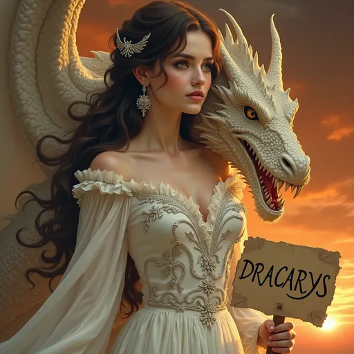 Prompt: a woman in a white embroidered, silver ornamented dress holding WITH A hoghly detailed blank dragon on her shoulder with a sign that says [DRACARYS]  on it, with a fiery sky behind her, Cyril Rolando, neo-romanticism, dark gothic fantasy art, a storybook illustration