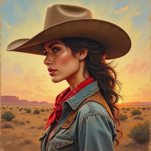 Prompt: Chalk pastel illustration, strong and confident woman in profile, wide-brimmed timeworn cowboy hat, classic Western shirt with intricate stitching, vibrant red bandana, set against a rustic Western backdrop with dusty plains and a fading sunset, soft textured strokes, vibrant pastels, warm earthy tones, evocative ambiance, ultra-detailed, masterful blending of colors.