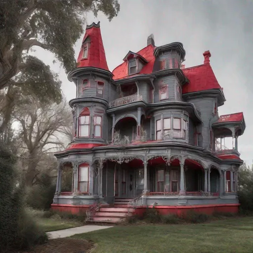 Prompt: Salvador Dalí style vision, Grey midwestern wooden Victorian house with faded red trim, wraparound porch, bow windows,surrealist, dreamlike, precise, melting