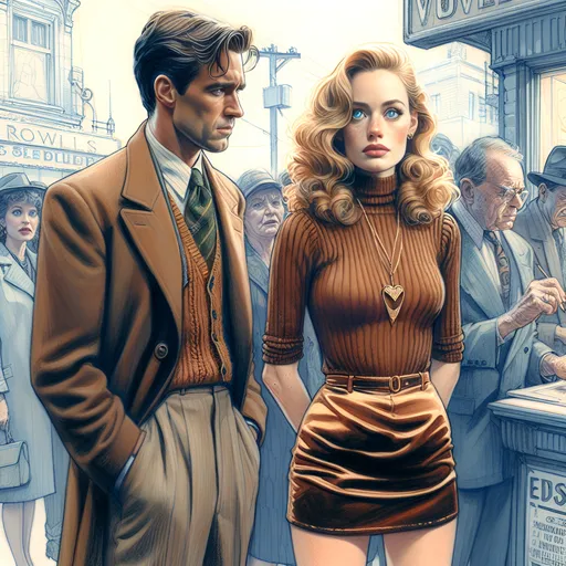 Prompt: Colored pencils, mixed media, gouache, watercolor, ink. Pastel tones. A man and a woman. Intense emotions. Full body shot. Man is worried, tall, brown hair, 45. Woman is beautiful blonde haired with many freckles. wavy hair, raw photo. Look at each other with worry and concern. Aged rundown movie house in background.  Slender small-waist long legs, melancholy woman, two bright blue eyes, three quarter profile, embracing man near people in movie line.  She wears very tight, very short thigh-high. brown satin miniskirt with turtleneck, long heart shaped necklace , natural textured skin, high-quality, detailed, realistic, , atmospheric lighting, movie patrons in background, blonde woman in miniskirt , tights, leggy