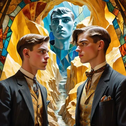 Prompt:  Close up of two young men, one is from the 1920’s, the second man is taller and is from the 1960s.  they argues passionately, strong emotions, upset, sad, in a golden cave full of treasure,  art deco,  contrasting colors, cubism, marbled effect, stained glass, detailed elaborate colorful fantasy landscape 