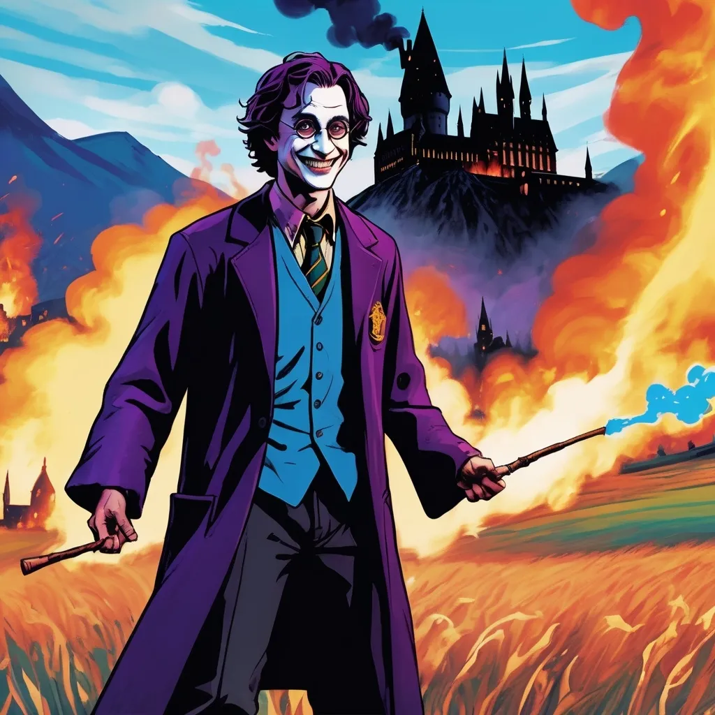 Prompt: 
Third person, gameplay, close up on smiling psychopath Harry Potter, with The Joker’s smile, stands in an open pasture field watching as Hogwarts high on a hill burns to the ground in the background .  A smoking wizard wand is in his hand. bright colors, blue atmosphere, cartoony style, extremely detailed painting 

